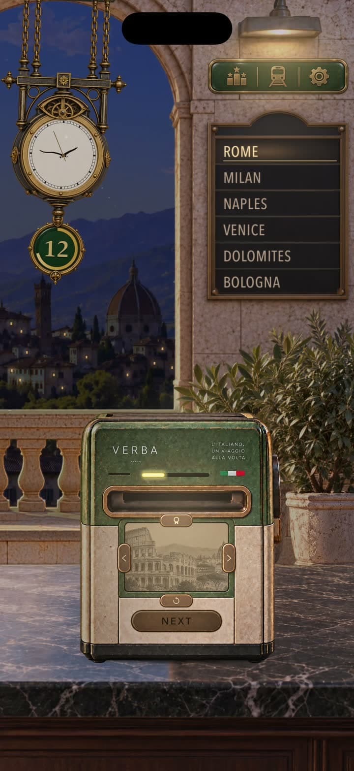 The Verba station at night: the ticket machine lit on the desk, Florence dark through the arch